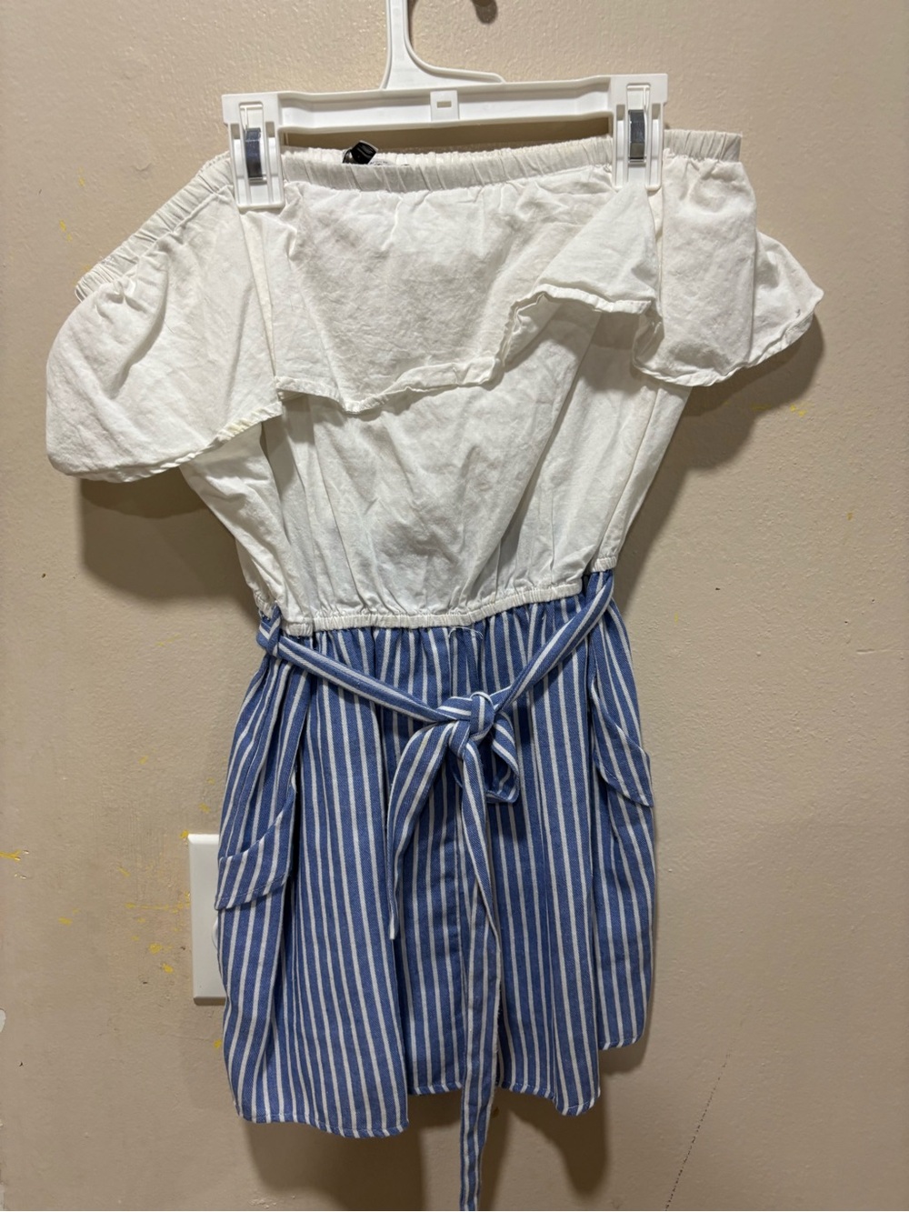Girls Off-Shoulder White and Blue Striped Romper with Tie Waist